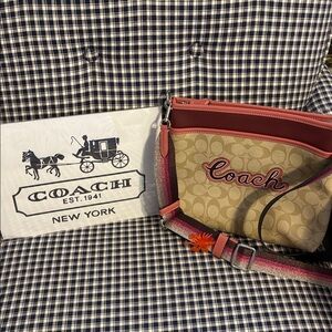 Coach signature file Beige and Burgundy Crossbody Bag